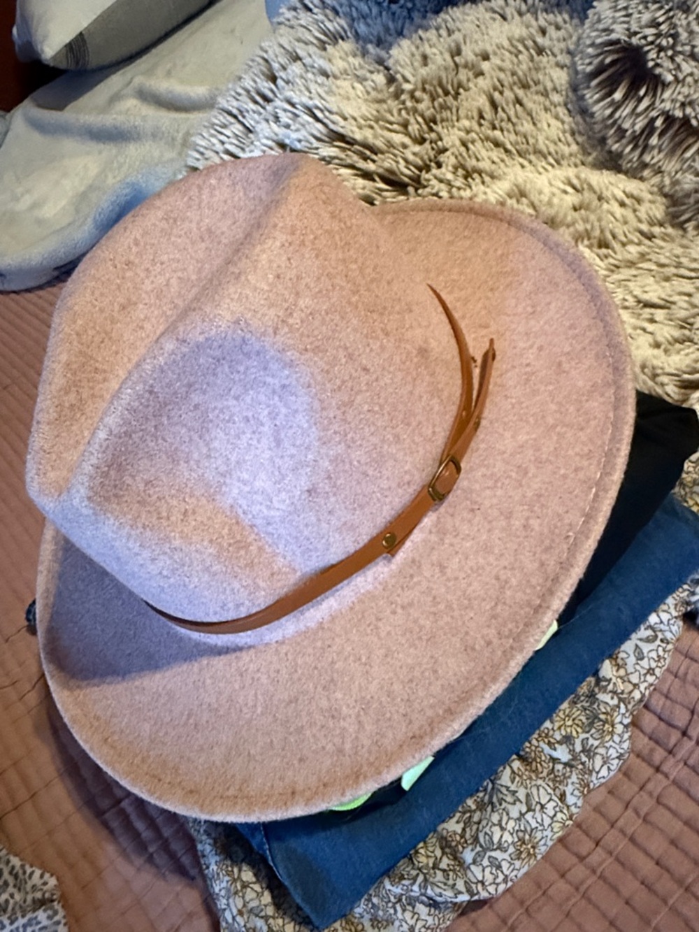 Soft Blush Wide-Brim Wool Fedora with Leather Band